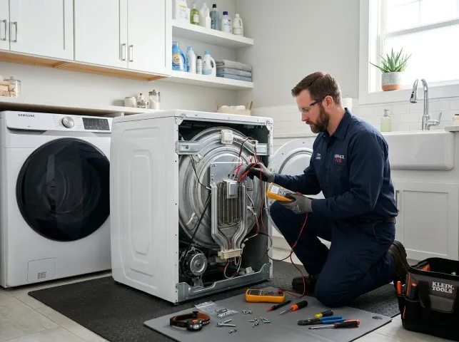Appliance Repair Hero technician checking a dryer heating element with the rear panel off in Butler, WI